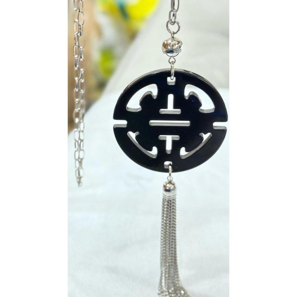 ZENZII Black Resin Pendant Tassel Necklace |Silver Chain | 24" Statement Jewelry